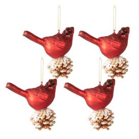4ks červená vánoční ozdoba ptáček na šišce - 11*11 cm  Clayre & Eef