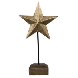 Dekorace zlatá antik kovová hvězda na dřevěném podstavci - 29*11*45cm Mars & More