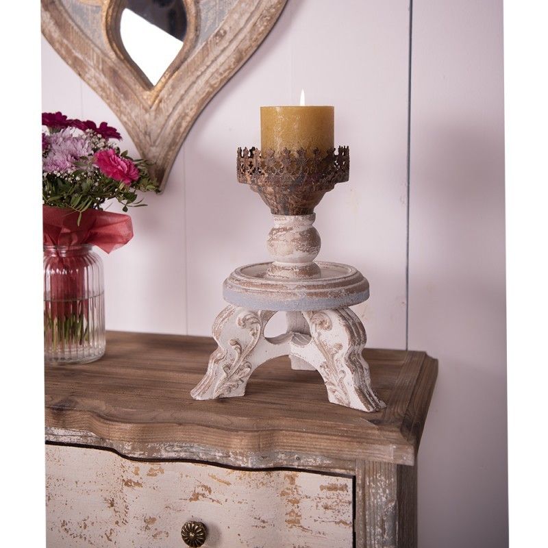 Béžový antik dřevěný svícen s kovovou ozdobou - Ø 25*34 cm Clayre & Eef - LaHome - vintage dekorace