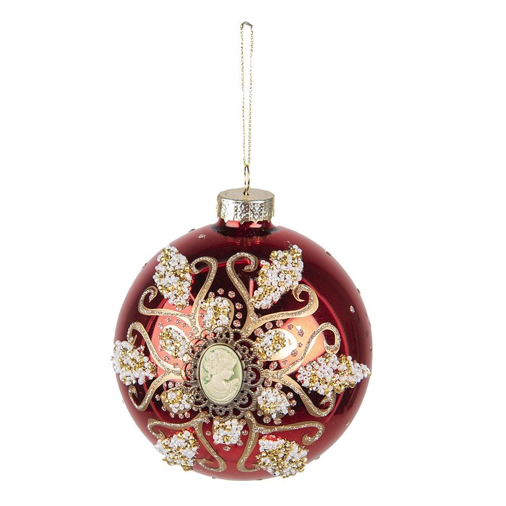 Červená skleněná koule s korálky a medailonkem - Ø 12*12 cm Clayre & Eef - LaHome - vintage dekorace