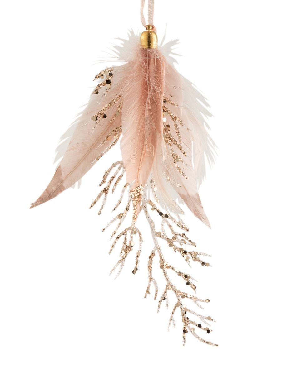 Závěsná ozdoba větvička se zlatými glitry a růžovými peříčky - 8*2*18 cm J-Line by Jolipa - LaHome - vintage dekorace