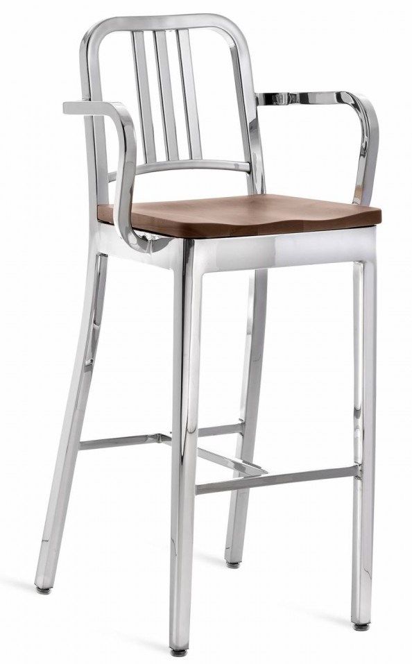 EMECO - Barová židle s područkami a dřeveným sedákem NAVY - 