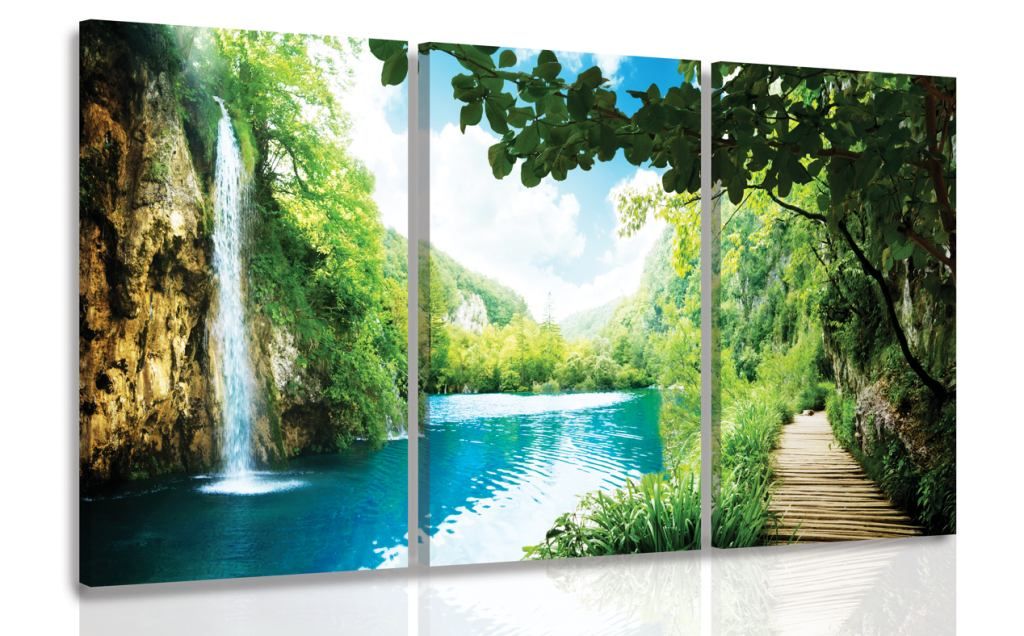Vícedílný obraz vodopád u jezera Velikost (šířka x výška): 150x100 cm - S-obrazy.cz