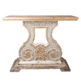 Béžový antik dřevěný odkládací stůl se zdobenou nohou Vinia - 121*40*99 cm Clayre & Eef