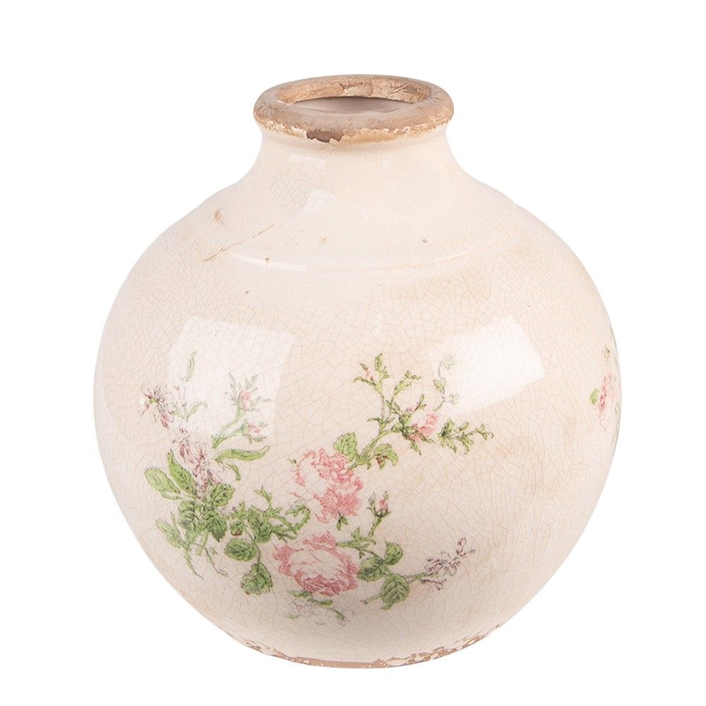 Béžová keramická dekorační váza s růžemi Rossia - Ø 20*21 cm Clayre & Eef - LaHome - vintage dekorace