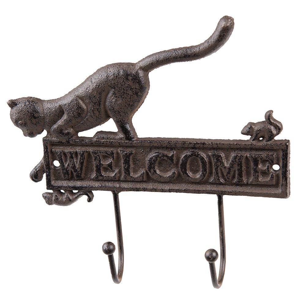 Nástěnný litinový věšák s kočkou a myší Welcome - 22*5*20 cm Clayre & Eef - LaHome - vintage dekorace