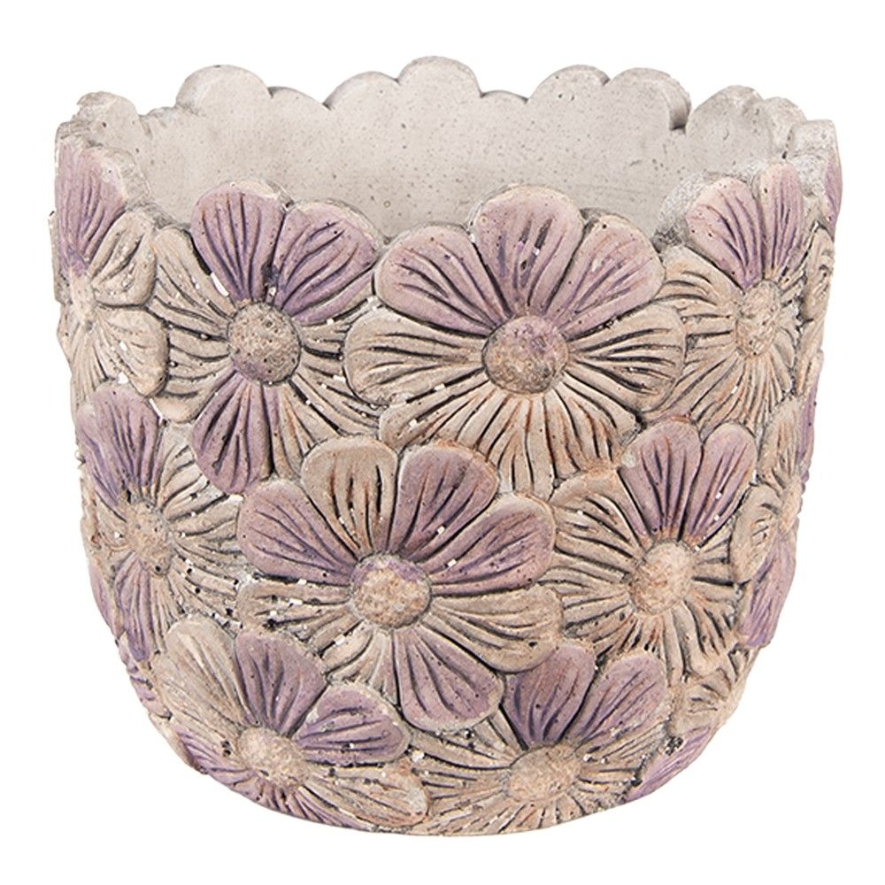 Fialový cementový obal na květináč s květy Violet - Ø 19*16 cm Clayre & Eef - LaHome - vintage dekorace