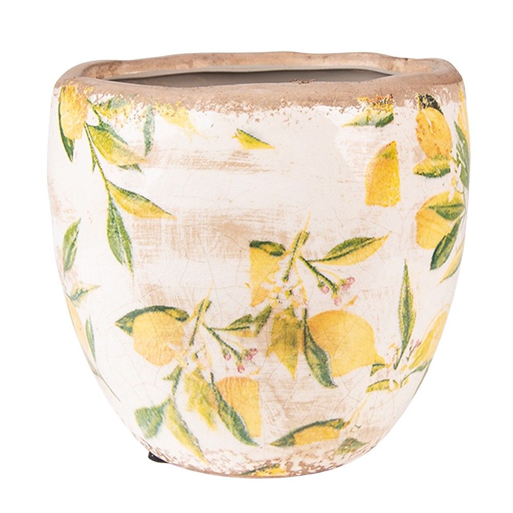 Béžový keramický obal na květináč s citróny Lemonio M - Ø18*17 cm Clayre & Eef - LaHome - vintage dekorace