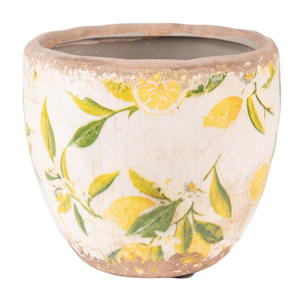 Béžový keramický obal na květináč s citróny Lemonio XS - Ø12*11 cm Clayre & Eef - LaHome - vintage dekorace