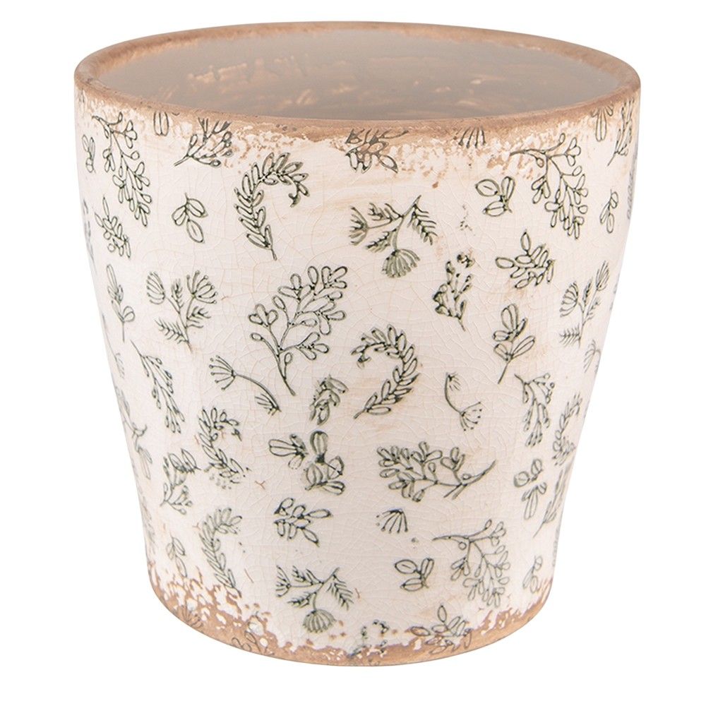 Béžový antik keramický obal na květináč se zelenými květy L - Ø 17*16 cm Clayre & Eef - LaHome - vintage dekorace