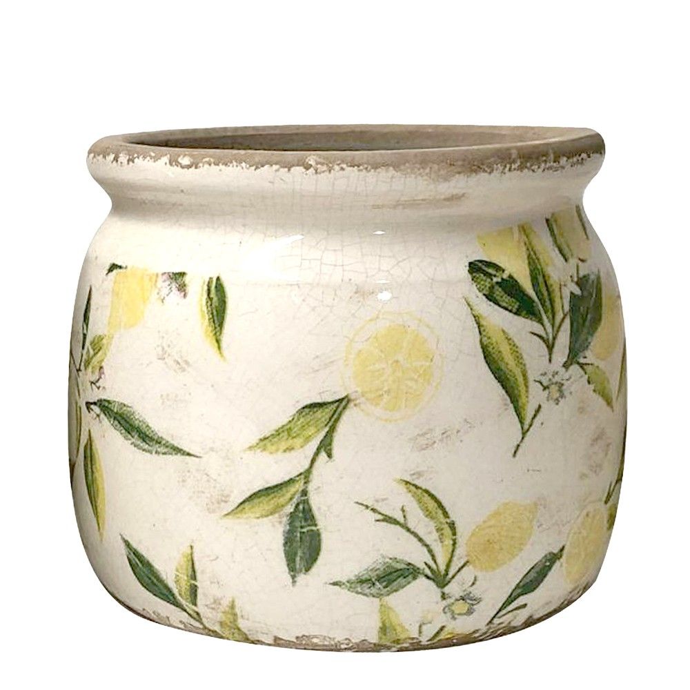 Béžový keramický obal na květináč s citróny Lemonio M - Ø15*13 cm Clayre & Eef - LaHome - vintage dekorace