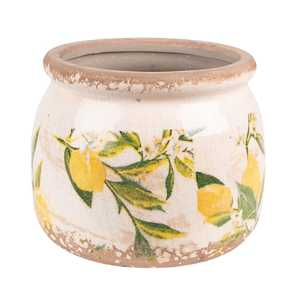 Béžový keramický obal na květináč s citróny Lemonio S - Ø12*9 cm Clayre & Eef - LaHome - vintage dekorace