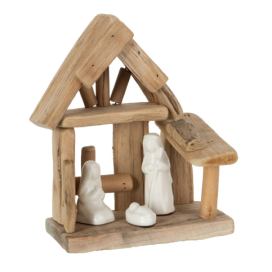 Přírodní dřevěný Betlém s porcelánovými postavičkami Nativity wood - 16*10*19 cm J-Line by Jolipa