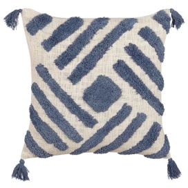 Tkaný bavlněný polštář s geometrickým vzorem a střapci 45 x 45 cm béžový/modrý JACARANDA