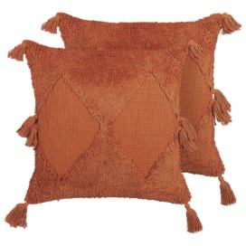 Sada 2 tkaných bavlněných polštářů s geometrickým vzorem a střapci 45 x 45 cm oranžové AVIUM
