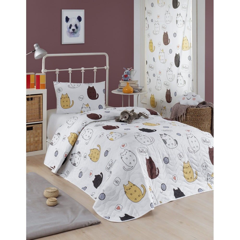 Set přehozu přes postel a povlaku na polštář s příměsí bavlny Eponj Home Hello Cats White, 160 x 220 cm - Bonami.cz
