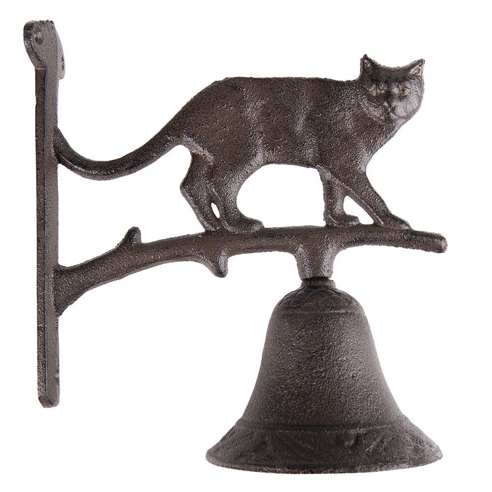 Hnědý litinový zvonek s kočkou - 9*18*24 cm Clayre & Eef - LaHome - vintage dekorace