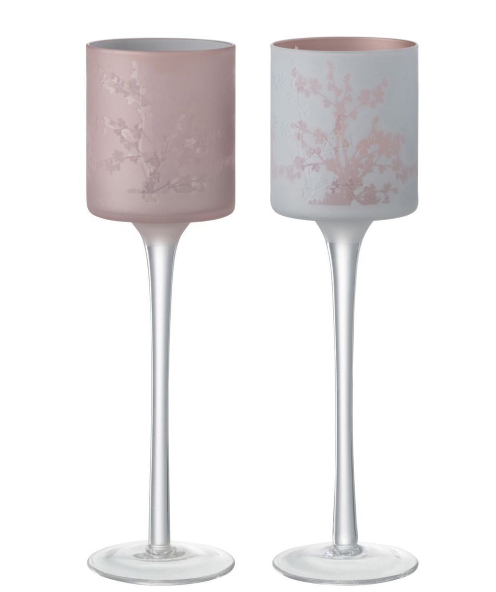 2ks růžový a modrý skleněný svícen na úzké noze na čajovou svíčku Sakura - Ø 7*25 cm J-Line by Jolipa - LaHome - vintage dekorace