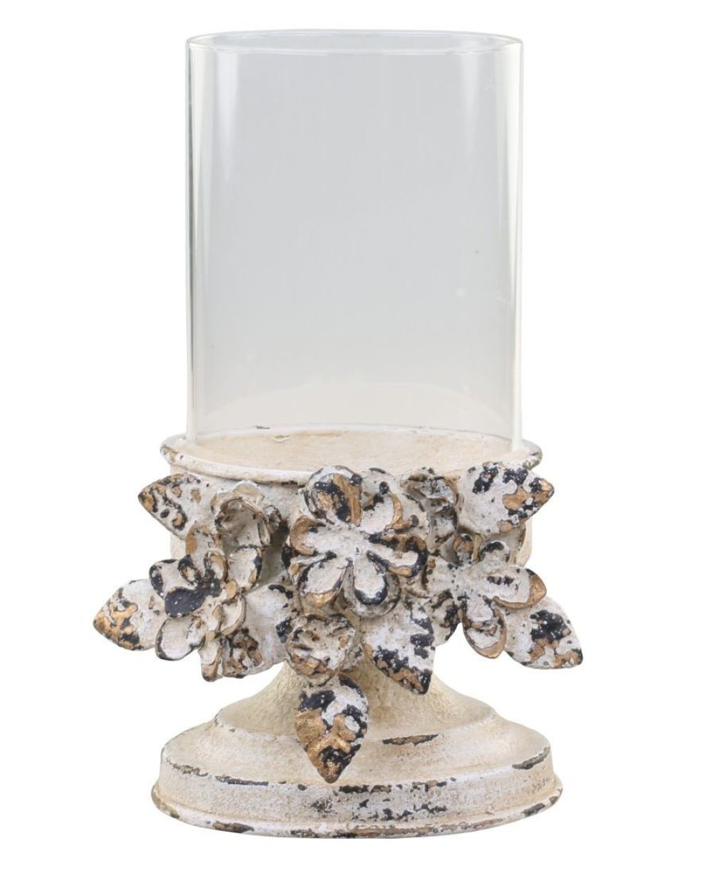 Kovový krémový vintage svícen s kvítky Flowers - Ø14*22cm Chic Antique - LaHome - vintage dekorace