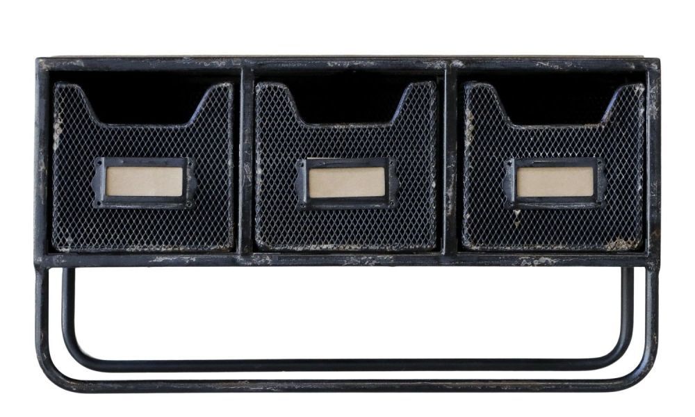 Černá antik nástěnná kovová polička s boxy Fabro - 38*12*20cm Chic Antique - LaHome - vintage dekorace