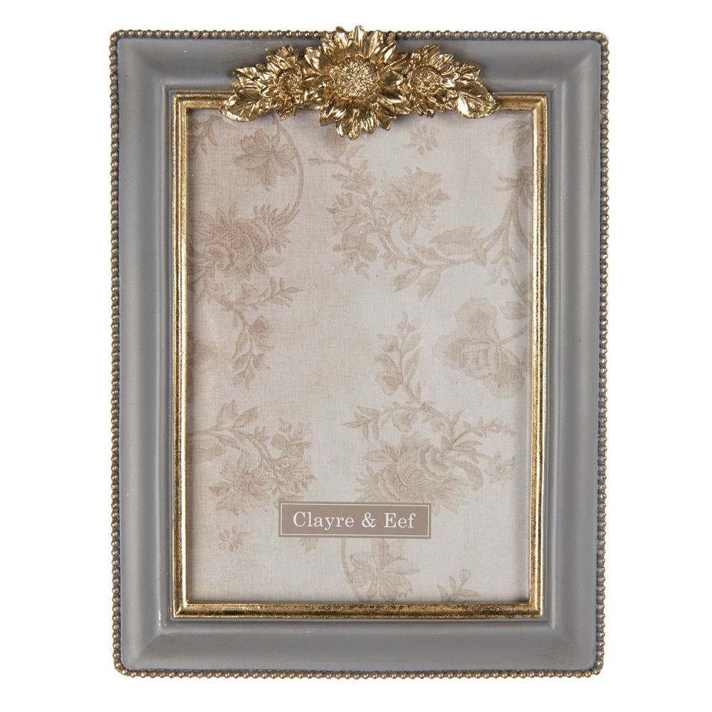 Šedý fotorámeček se zlatými květinami - 17*2*22 cm / 13*18 cm Clayre & Eef - LaHome - vintage dekorace