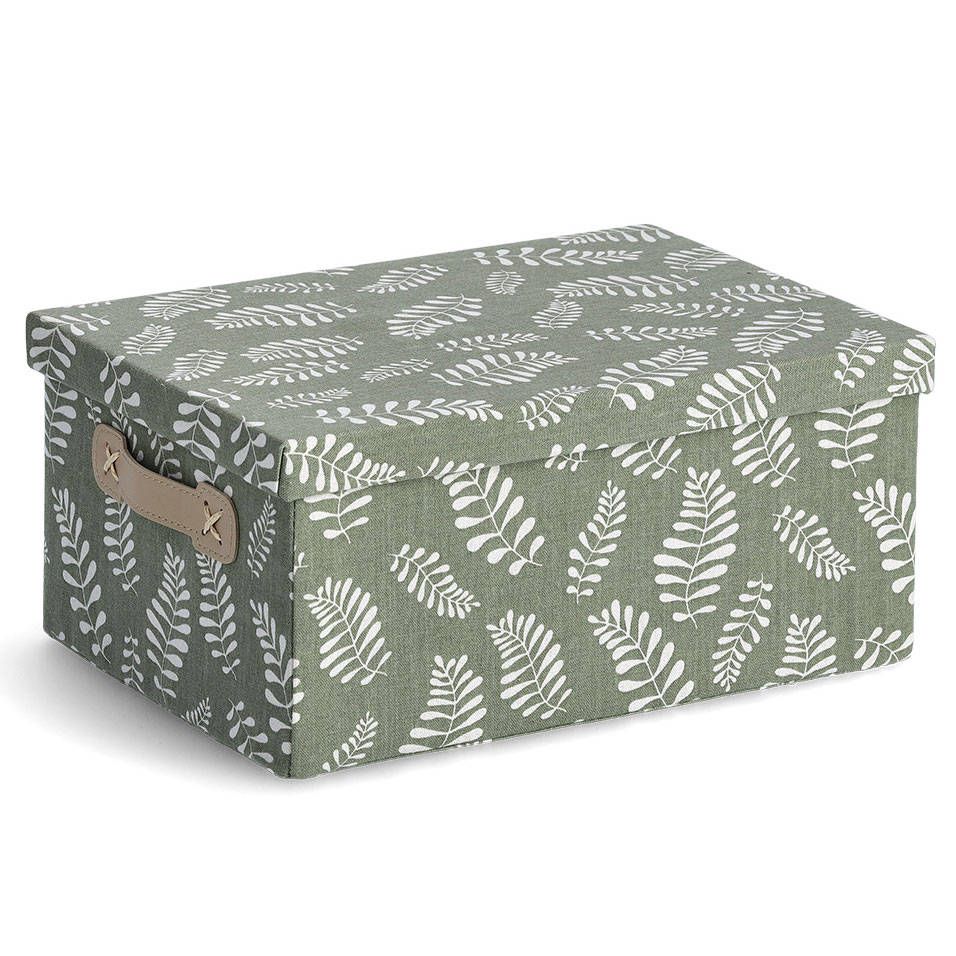Zeller Úložný box s víkem, bavlněný, motiv listů, zelený, 36 x 26 x 13,5 cm - EMAKO.CZ s.r.o.