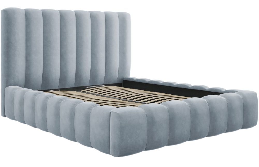 Světle modrá sametová dvoulůžková postel MICADONI Kelp 160 x 200 cm s úložným prostorem - Designovynabytek.cz