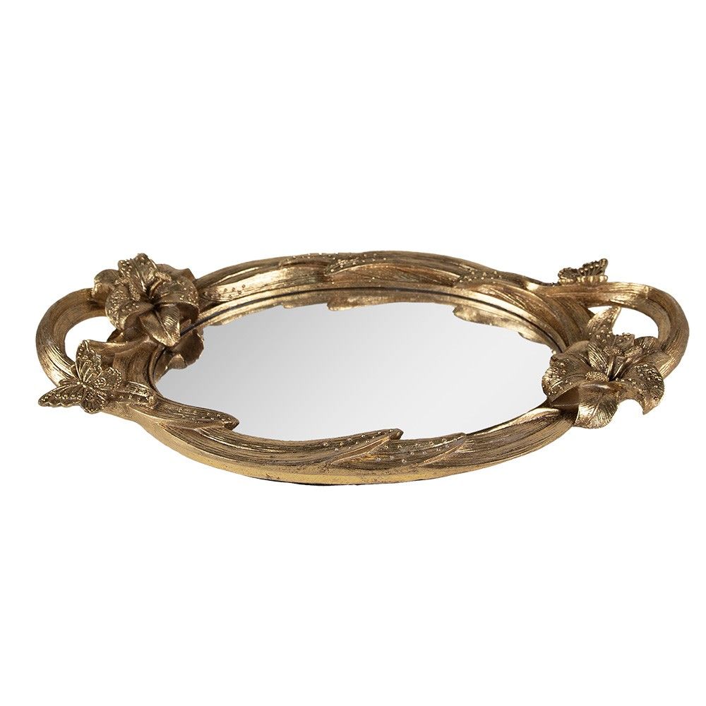Zlatý antik oválný dekorativní podnos se zrcadlem a květy - 45*25*5 cm Clayre & Eef - LaHome - vintage dekorace