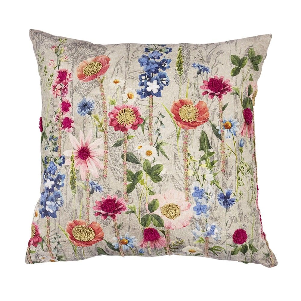 Béžový polštář rozkvetlá louka Flowers Poppy s výšivkou - 45*45*15cm Mars & More - LaHome - vintage dekorace