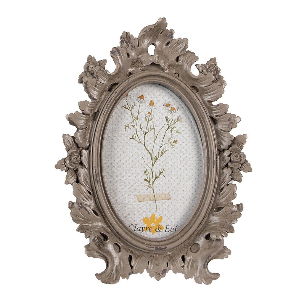 Hnědý oválný fotorámaček zdobený květinami - 18*3*24 cm / 10*15 cm Clayre & Eef - LaHome - vintage dekorace