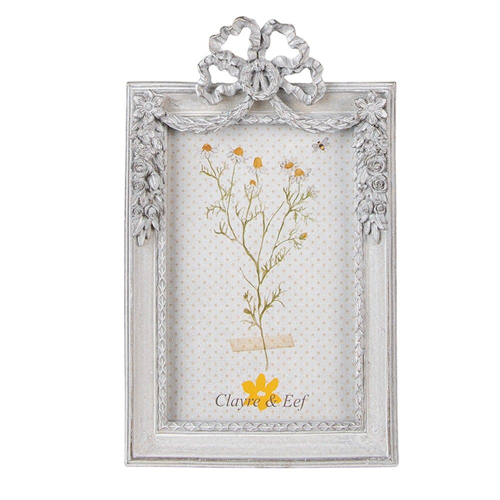 Šedý antik fotorámeček s květy a mašličkou - 13*3*21 cm / 10*15 cm Clayre & Eef - LaHome - vintage dekorace