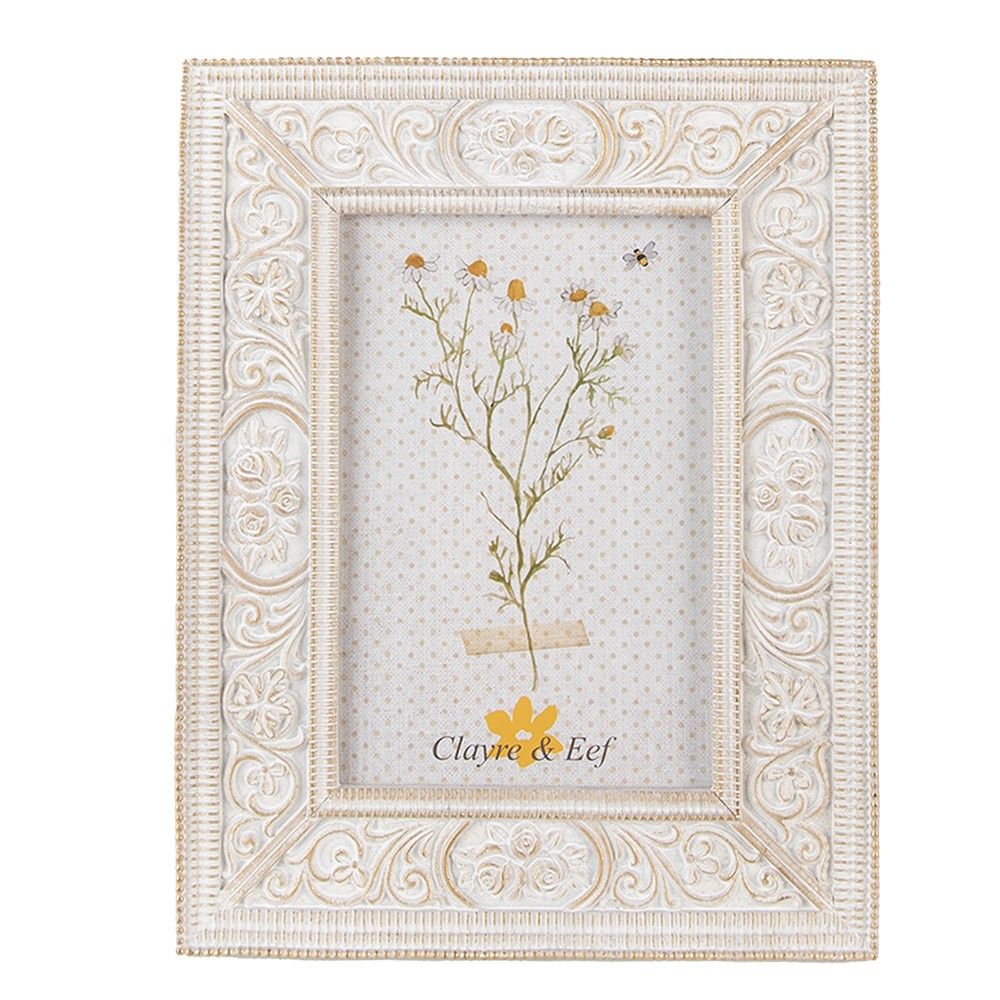 Bílo-zlatý fotorámeček se zdobnými růžemi - 17*2*22 cm / 10*15 cm Clayre & Eef - LaHome - vintage dekorace