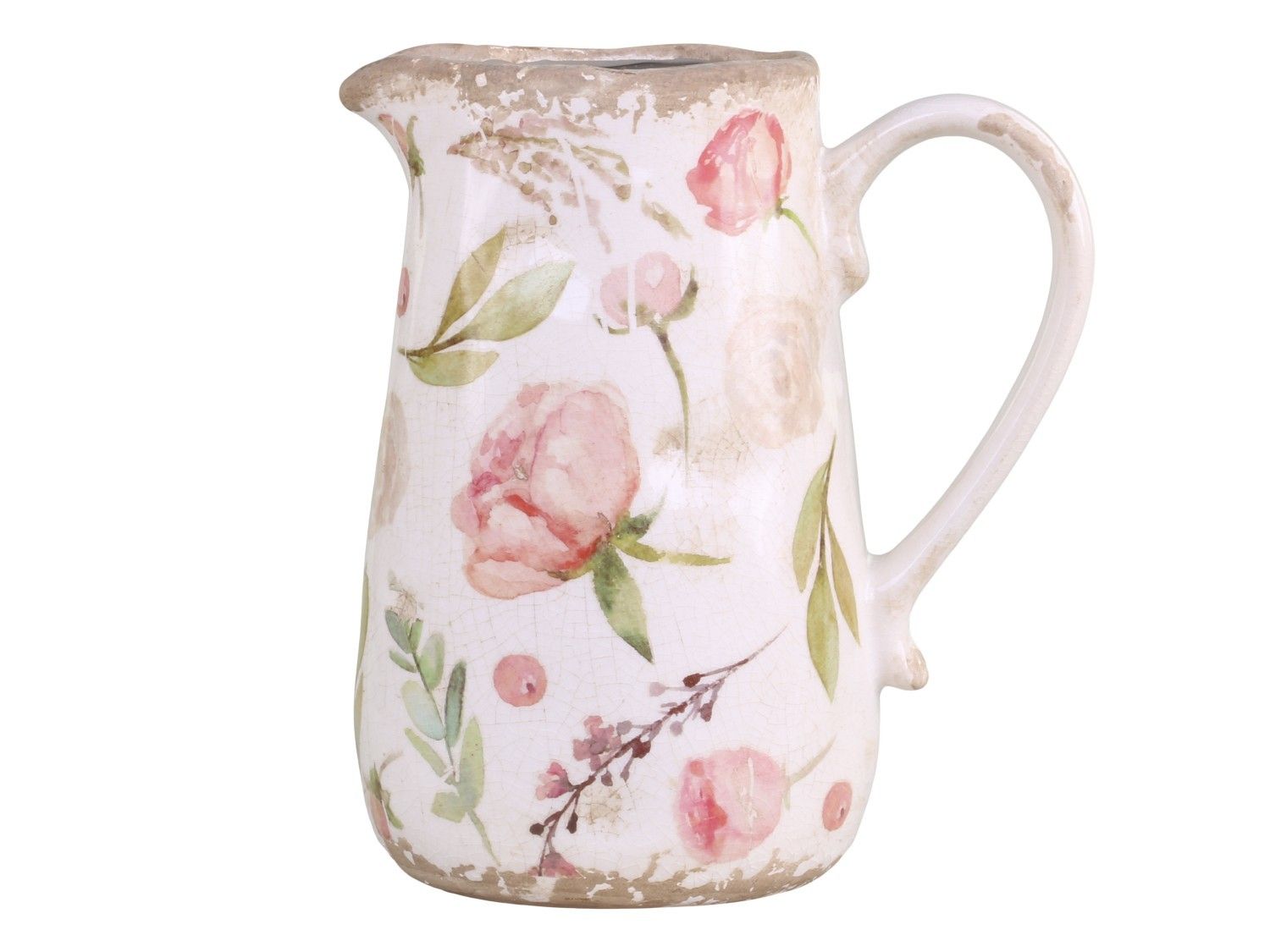 Keramický dekorační džbán s růžovými květy Floral Étel - 16*11*18cm Chic Antique - LaHome - vintage dekorace