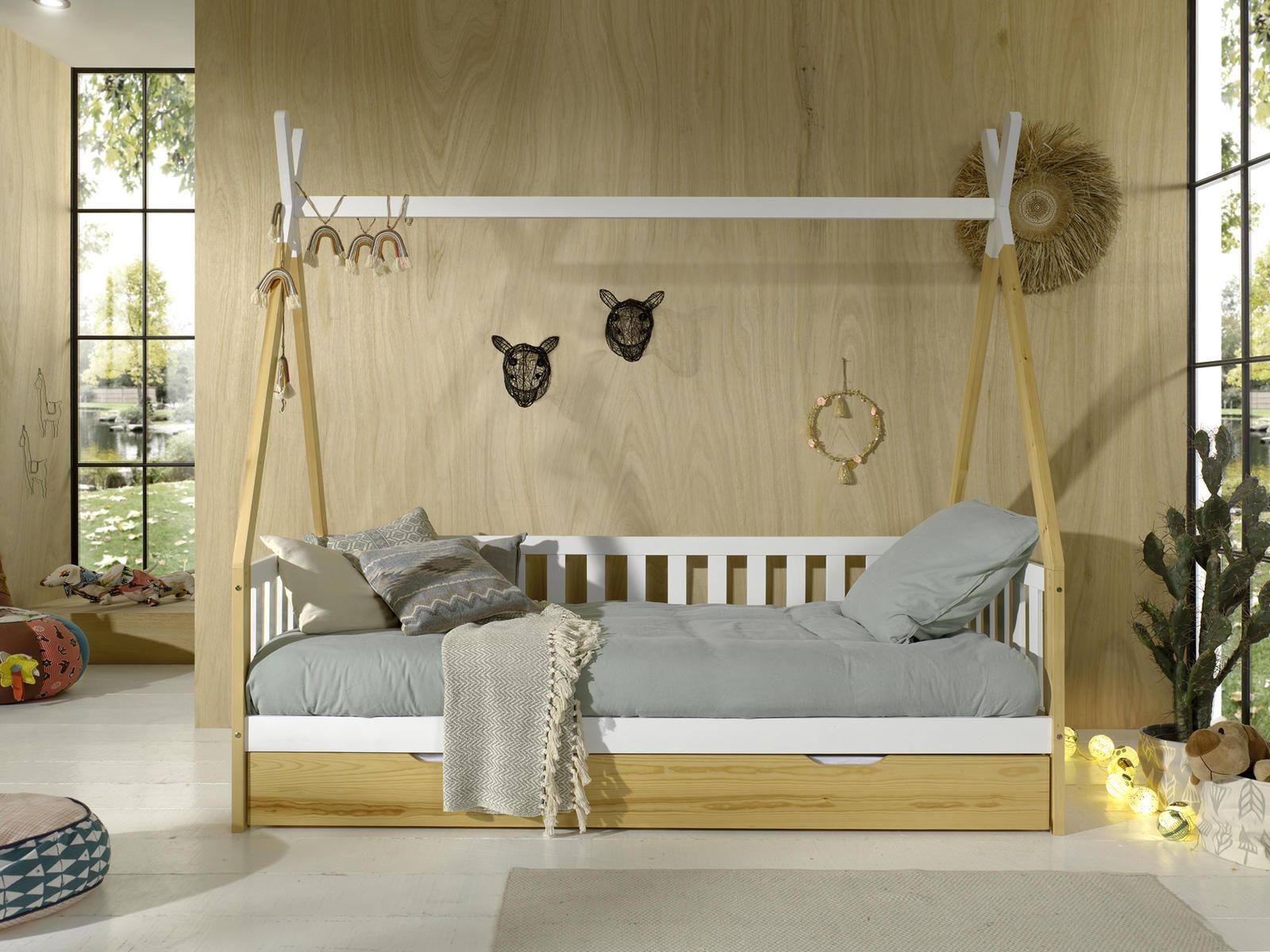 Aldo Domečková postel s přistýlkou přírodní z masivu Vigi fence - Nábytek ALDO
