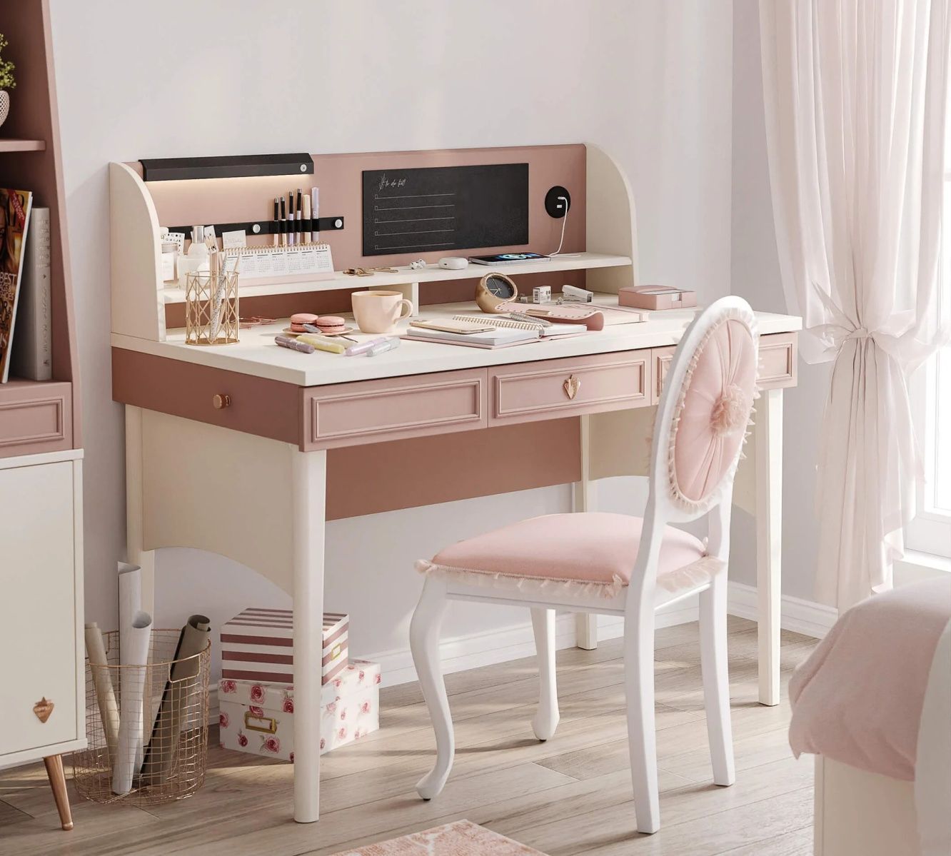 Psací stůl s USB a LED světlem Beauty - béžová/růžová - Nábytek Harmonia s.r.o.