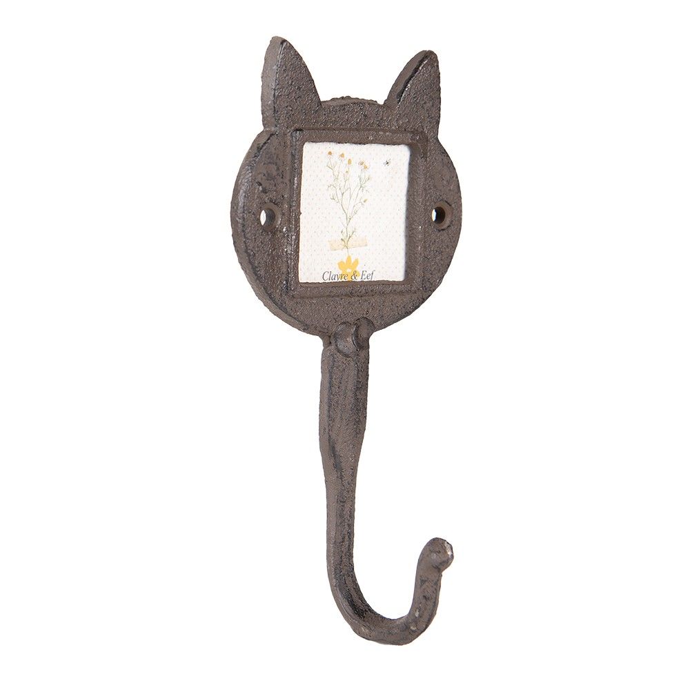 Hnědý litinový nástěnný háček kočičí hlavy s rámečkem - 9*5*18 cm / 5*5 cm Clayre & Eef - LaHome - vintage dekorace