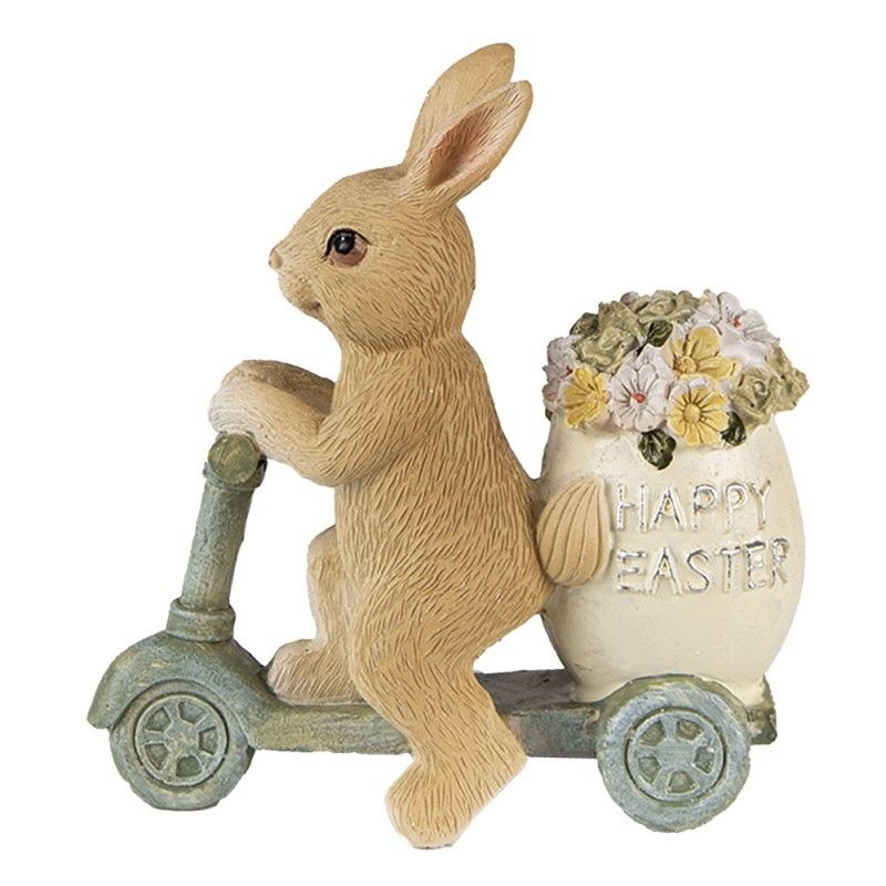 Dekorace soška králík na koloběžce s květinami Happy Easter - 11*5*11 cm Clayre & Eef - LaHome - vintage dekorace