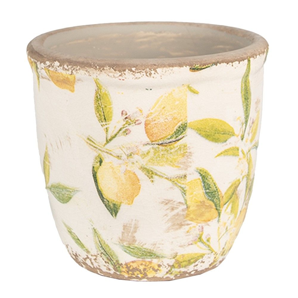 Béžový keramický obal na květináč s citróny Lemonio M - Ø14*13 cm Clayre & Eef - LaHome - vintage dekorace