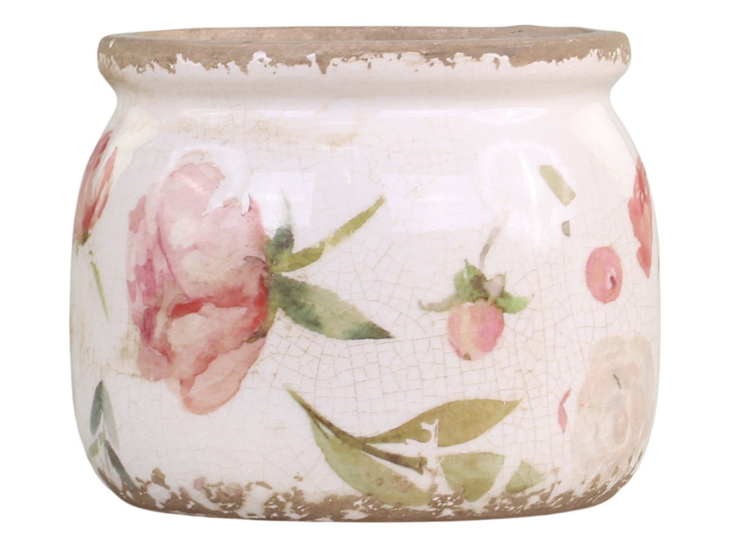 Keramický obal na květináč s růžovými květy Floral Étel - Ø 12*9cm Chic Antique - LaHome - vintage dekorace