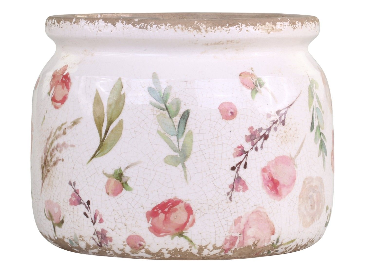 Keramický obal na květináč s růžovými květy Floral Étel - Ø 20*15cm Chic Antique - LaHome - vintage dekorace