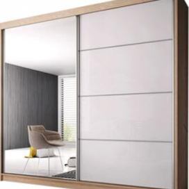 Idzczak Multi 35 šatní skříň šíře 183 cm s posuvnými dveřmi a zrcadlem Dub / bílá lesklá