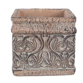 Hnědý antik čtvercový obal na květináč s ornamenty - 13*13*12 cm Clayre & Eef