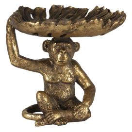 Zlatá dekorativní soška opice s podnosem ve tvaru listu - 21*17*19 cm Clayre & Eef
