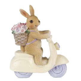 Dekorace soška králík na koloběžce s košíkem květin - 12*5*14 cm Clayre & Eef LaHome - vintage dekorace