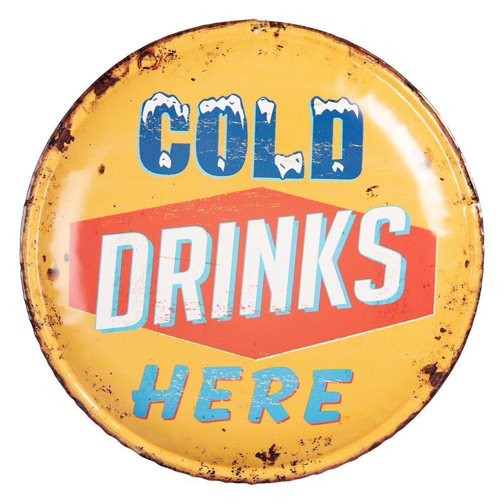 Žlutá nástěnná kovová kulatá cedule na zeď Cold drinks Here - Ø 35*2 cm Clayre & Eef - LaHome - vintage dekorace