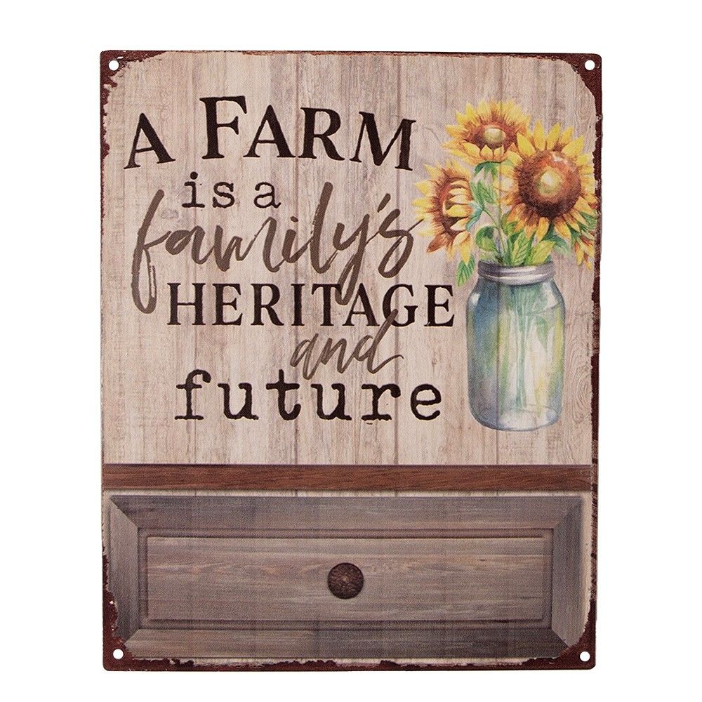 Hnědá antik nástěnná kovová cedule se slunečnicemi Farm is... - 20*1*25 cm Clayre & Eef - LaHome - vintage dekorace