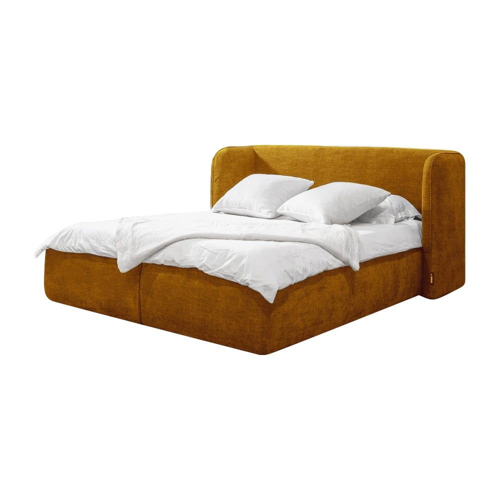Okrově žlutá čalouněná dvoulůžková postel s úložným prostorem s roštem 160x200 cm Louise – Bobochic Paris - Bonami.cz