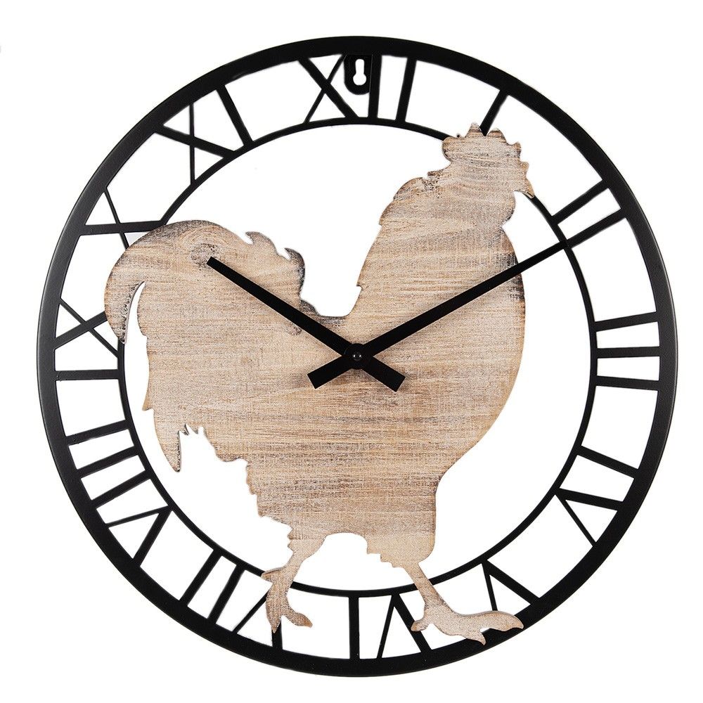 Kovové nástěnné hodiny s dřevěným kohoutem - Ø 50*4 cm / 1*AA Clayre & Eef - LaHome - vintage dekorace