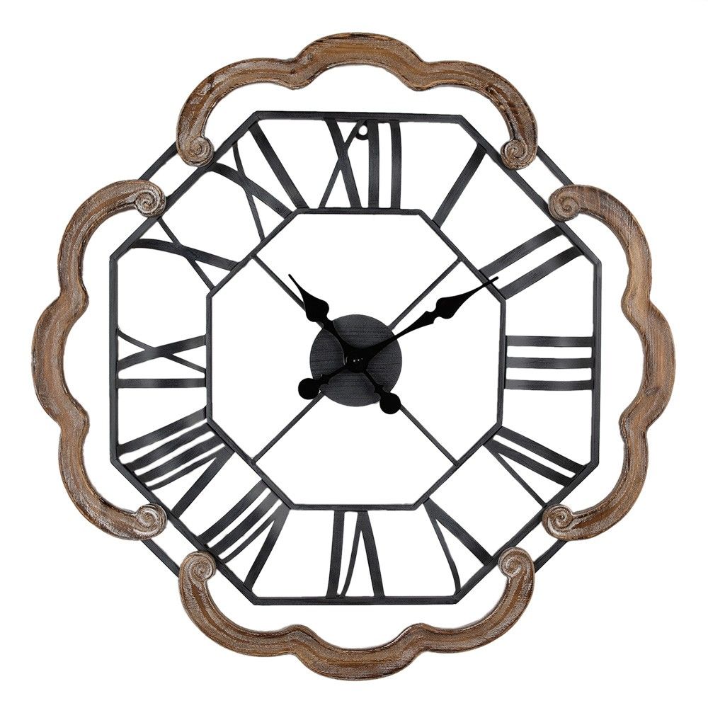 Kovové nástěnné hodiny s dřevěným okrajem ve tvaru květu - Ø 70*5 cm / 1*AA Clayre & Eef - LaHome - vintage dekorace