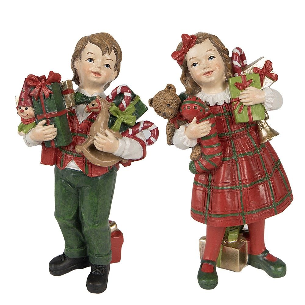 2ks vánoční dekorace chlapec a dívka s dárečky - 7*6*13 / 7*5*13 cm Clayre & Eef - LaHome - vintage dekorace